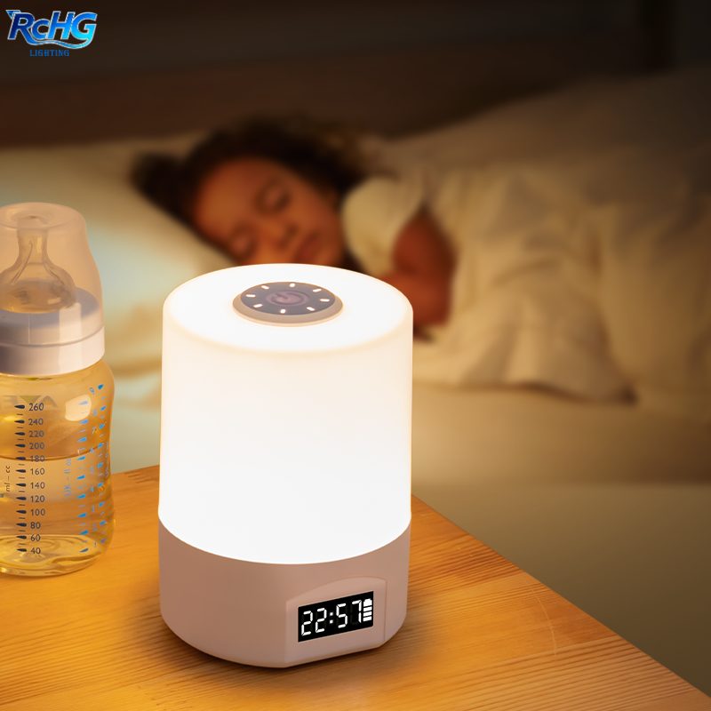 LED Remote-controlled Night Light with Clock Battery Level Display Three-color Temperature USB Chargeable 1200mA Bedside Lamp